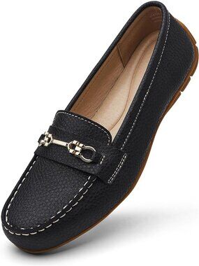 Women's Black Comfortable & Lightweight Leather Loafers Slip-On Flats Shoes